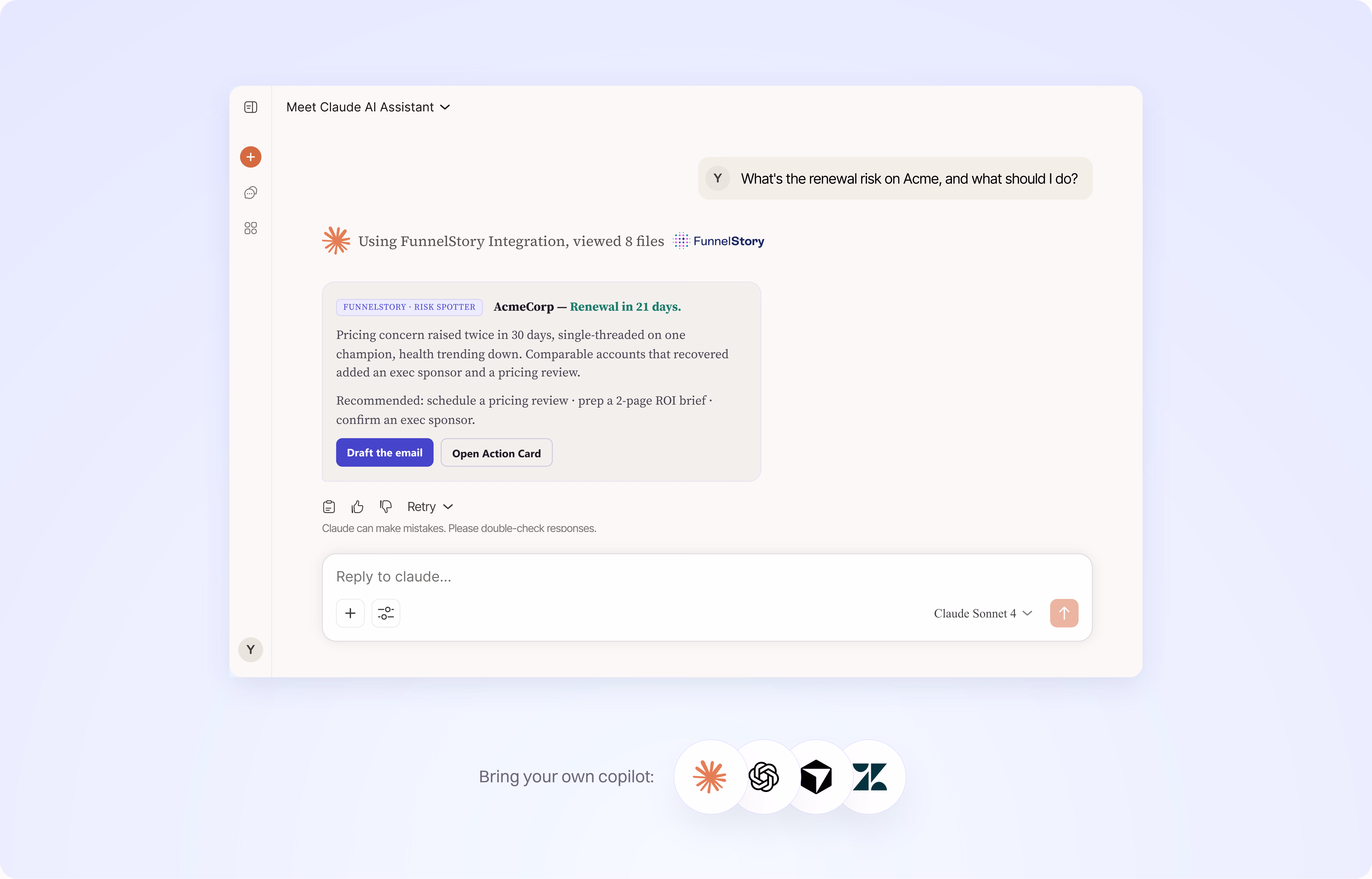 Claude AI Assistant surfacing a renewal risk brief for AcmeCorp, with the option to bring your own copilot