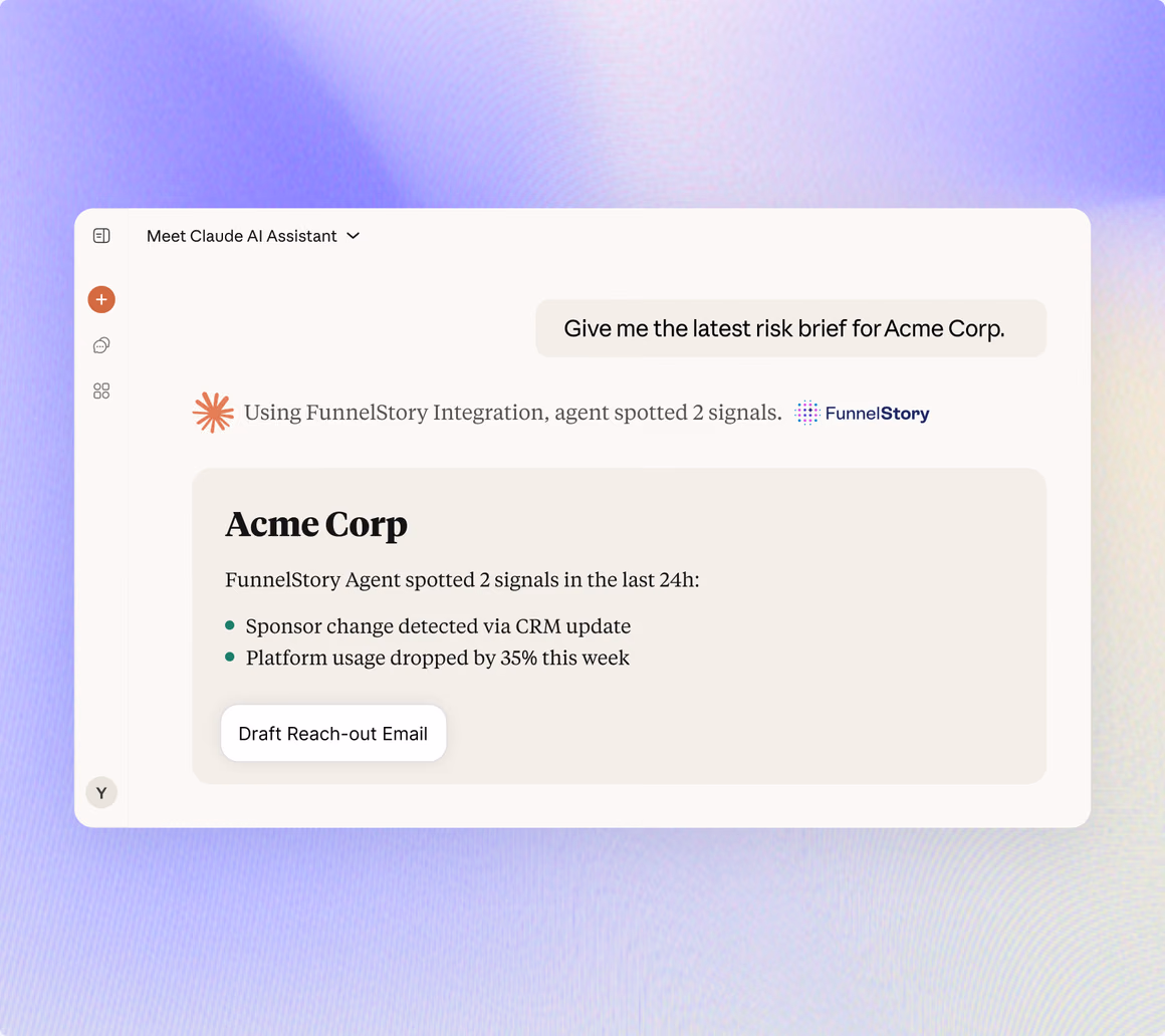 Claude assistant surfacing a risk brief for Acme Corp with signals spotted in the last 24 hours