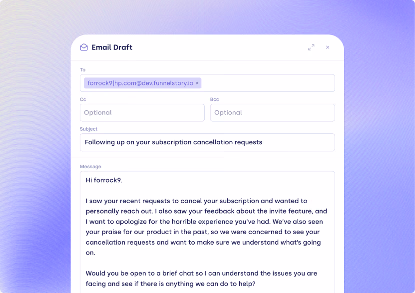 AI-drafted follow-up email addressing a customer cancellation request