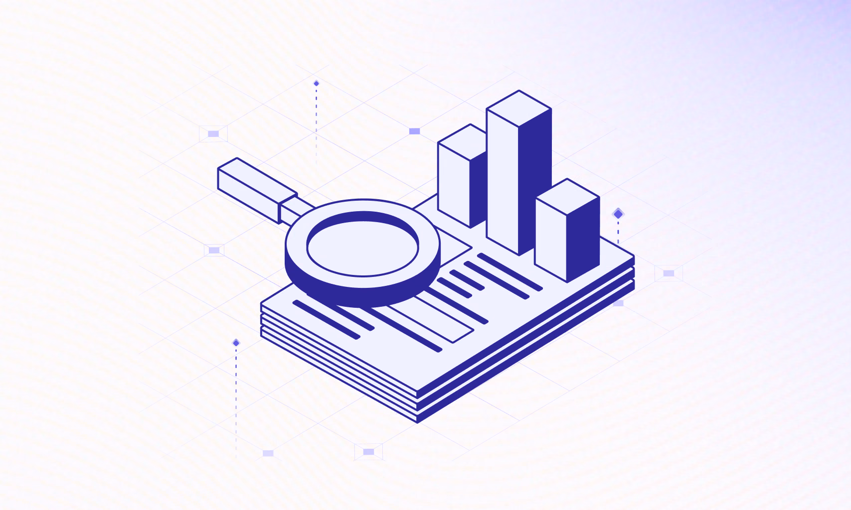 Magnifying glass over a stack of reports and bar charts