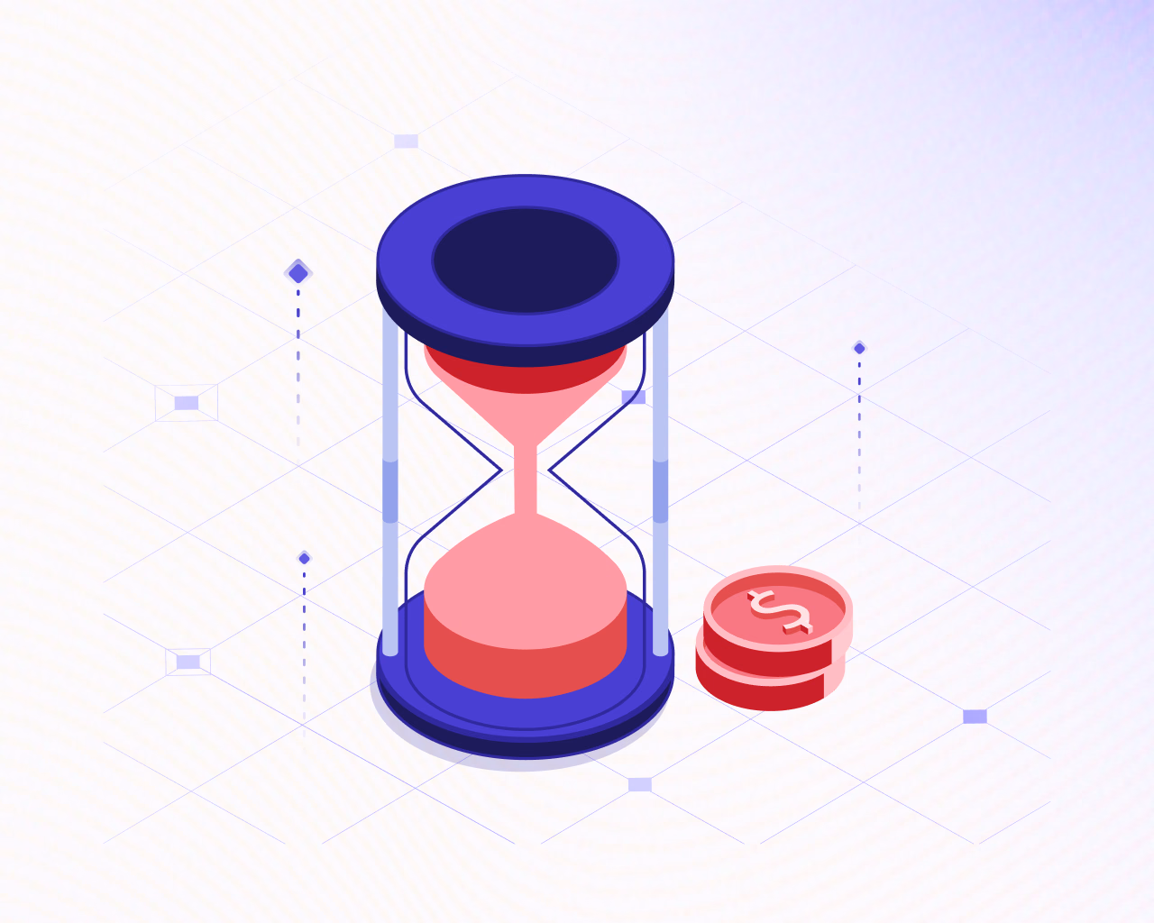 Hourglass running out next to a stack of coins